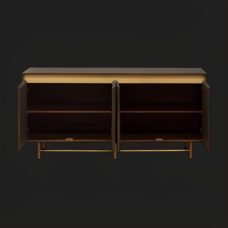 Surya Molander MLDR-002 sideboard with brown stained oak veneer top, metallic brass steel, and open soft-close doors.