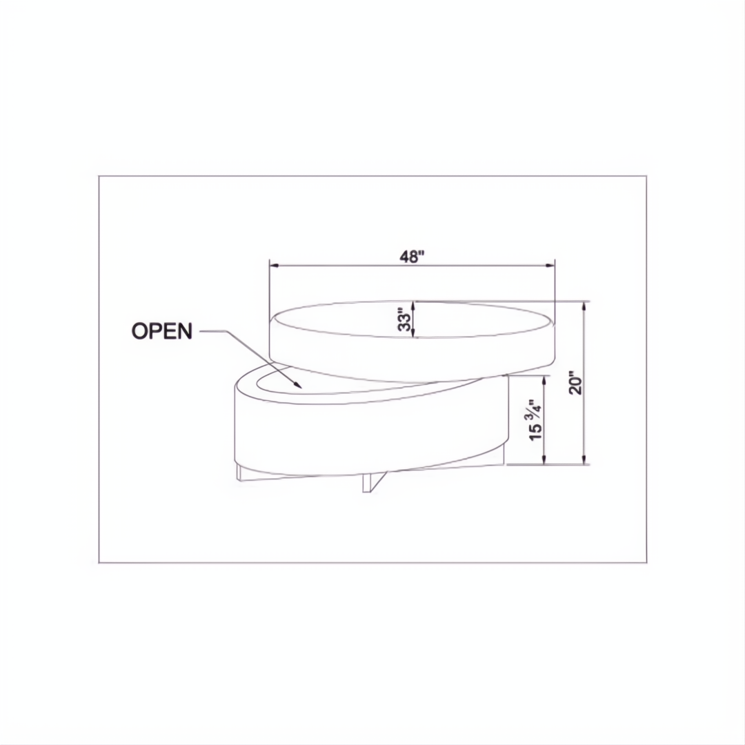 Line drawing of Surya Corson storage ottoman, 48"W x 20"H, showing open lid and dimensions.