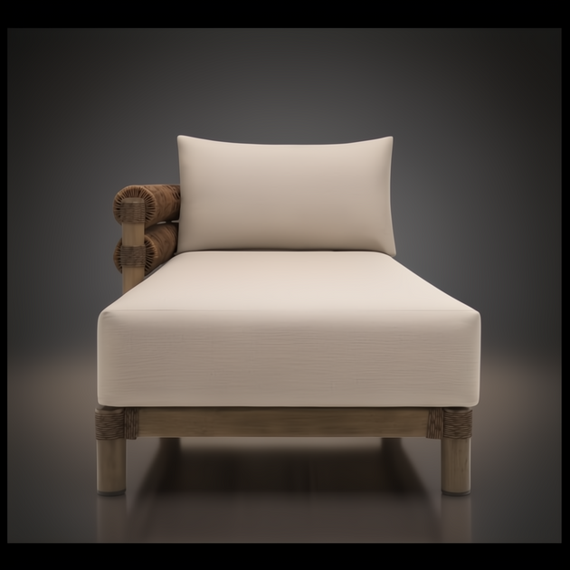 Surya Porta sectional left arm chaise with light beige Sunbrella cushions and brown woven armrest.