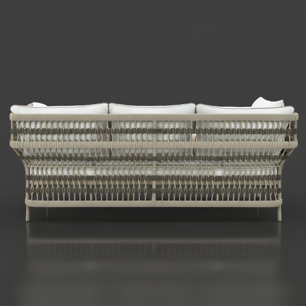 Back view of a cream Winder Sectional with handwoven PE rope detail and Sunbrella cushions.