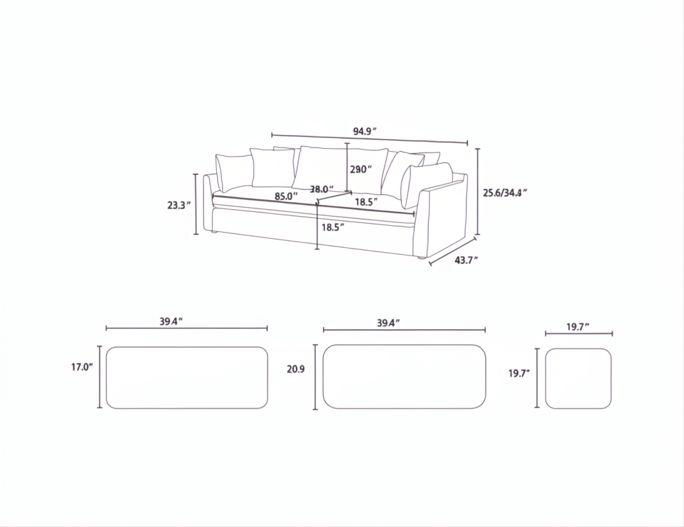 Surya Capitola off-white polyester/linen sofa with dimensions: 95"W x 44"D x 34"H.