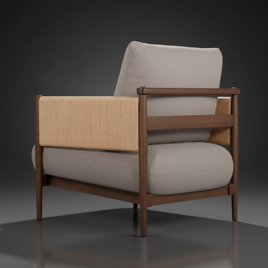 Surya Brielle accent chair with camel woven back, gray polyester upholstery, and stained ash wood frame.