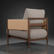 Surya Brielle accent chair with camel woven back, gray polyester upholstery, and stained ash wood frame.