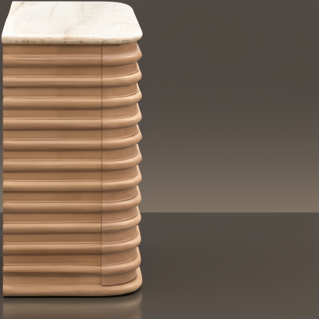 Surya Redondo cabinet with beige polished marble top and beige lacquered mango wood base, minimalist modern design.