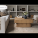 Surya Arquette ARQT-002 square wood veneer coffee table with natural finish in a modern living room.