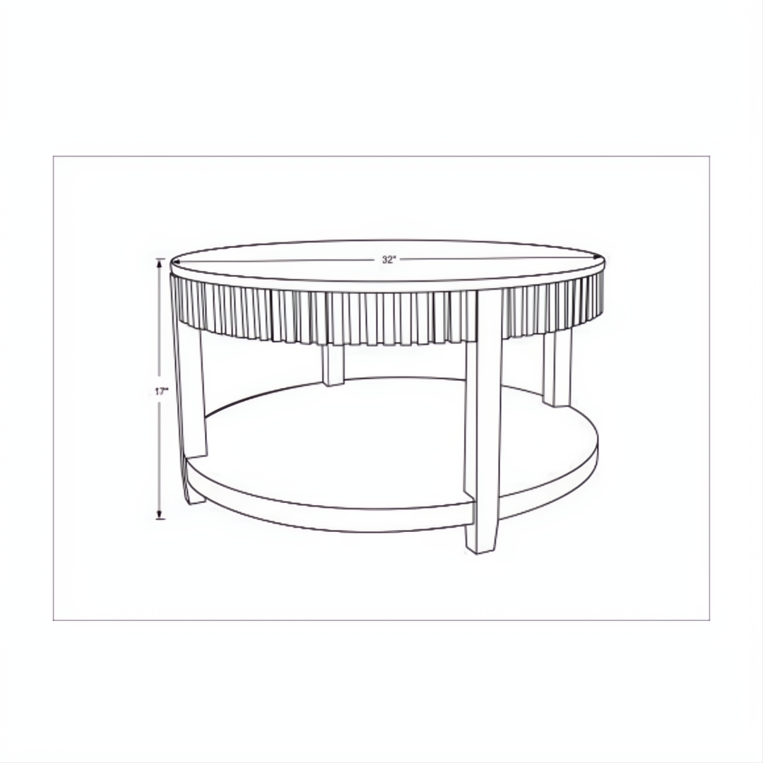 Surya Rosemary coffee table, 17"H x 32"W x 32"D, with a round top and base, and vertical fluted sides.