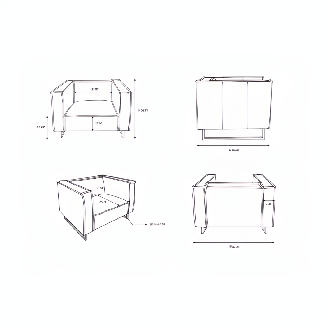 Line drawing of the Surya Dylan Accent Chair, showing its dimensions from front, side, top, and angled views.