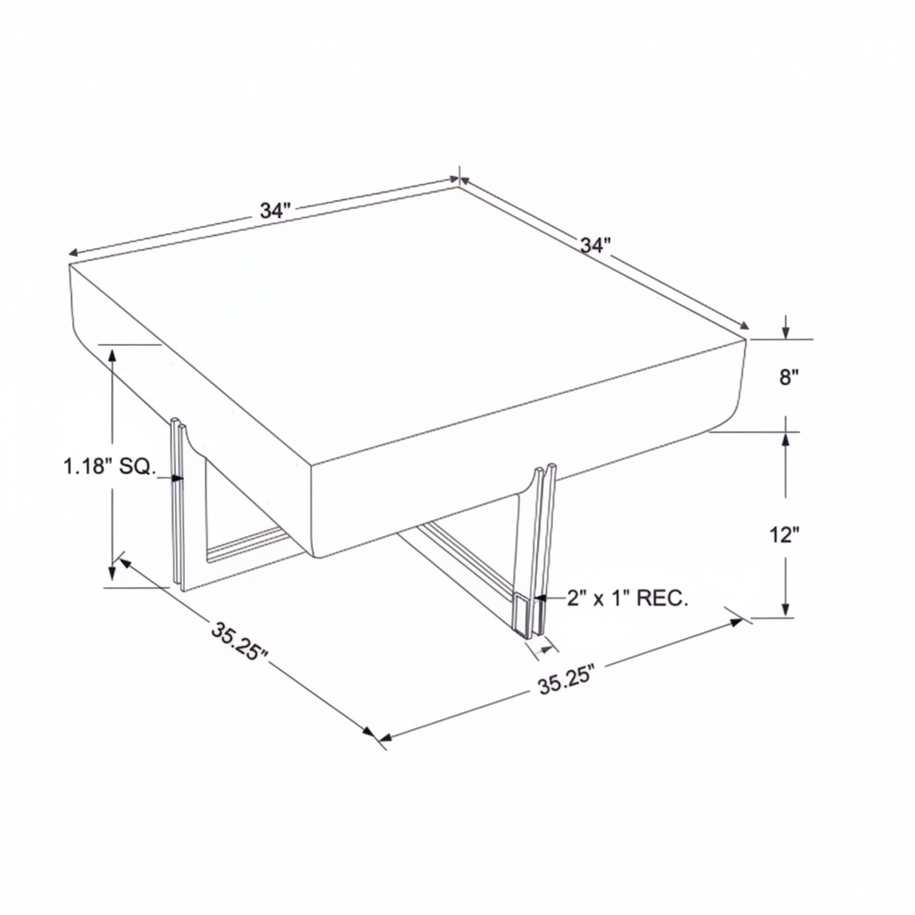 Surya Lowmax coffee table dimensions: 18"H x 34"W x 34"D, showing brown mango wood top and black cast iron base.
