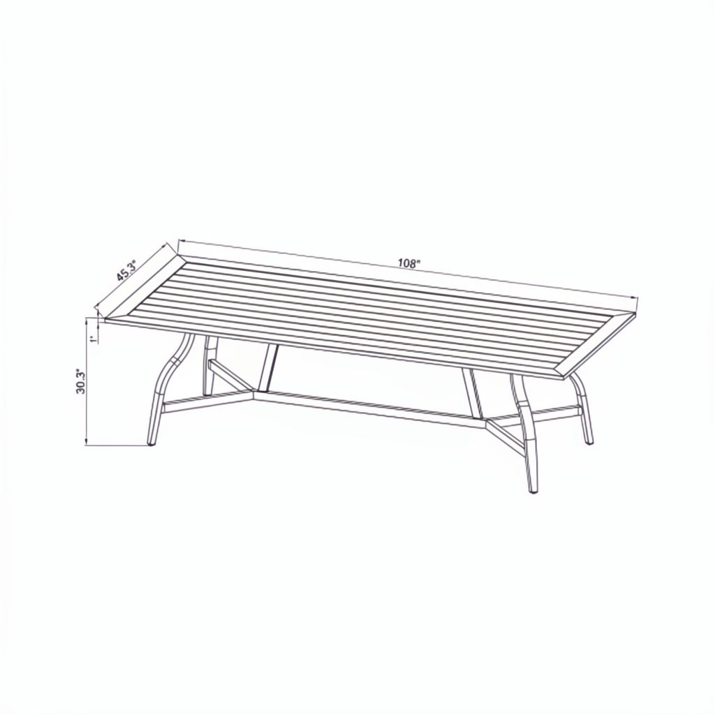 Black aluminum outdoor dining table with slatted top and curved legs, 108"W x 45.3"D.