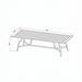 Black aluminum outdoor dining table with slatted top and curved legs, 108"W x 45.3"D.