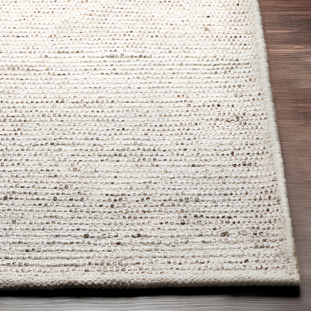 Hand-woven Surya Azalea AZA-2326 rug made from recycled PET yarn, featuring a textured light beige, black, and gray pattern on a wood floor.