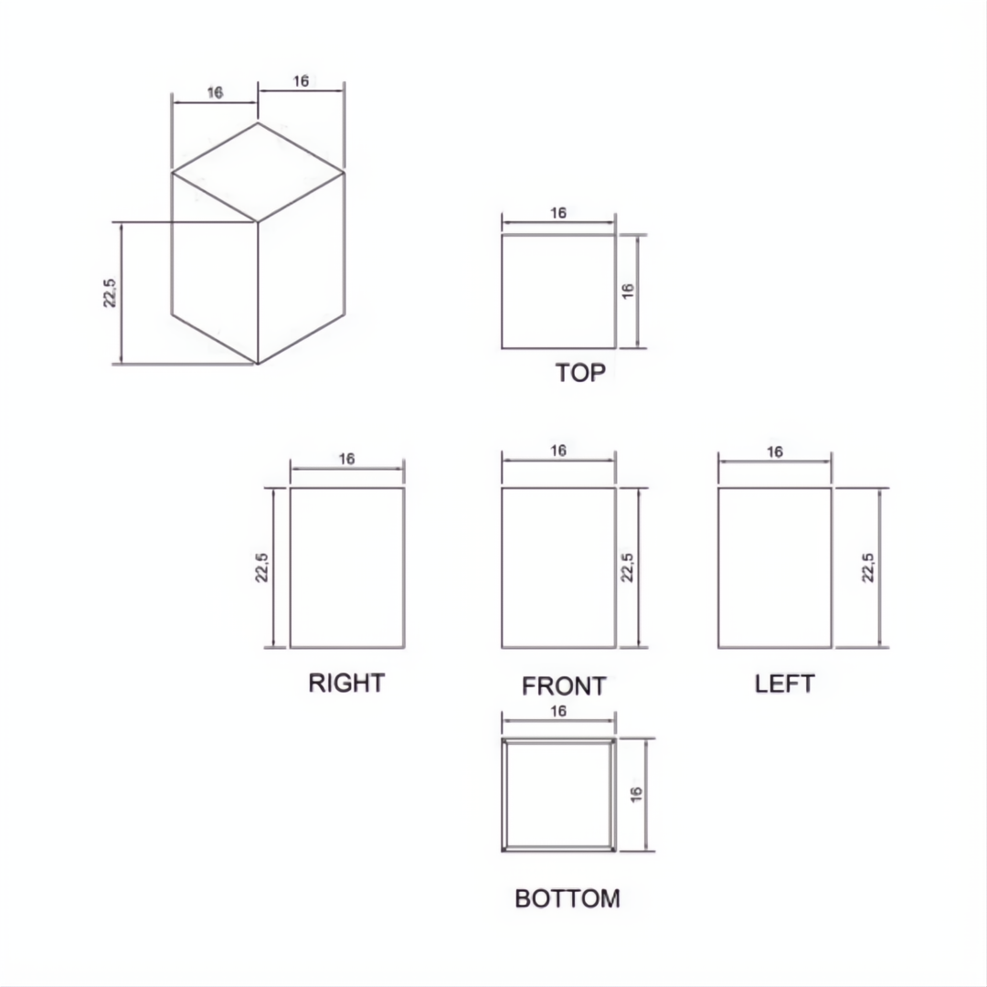 Technical drawing of the Surya Brax End Table, showing 22.5"H x 16"W x 16"D dimensions from multiple views.