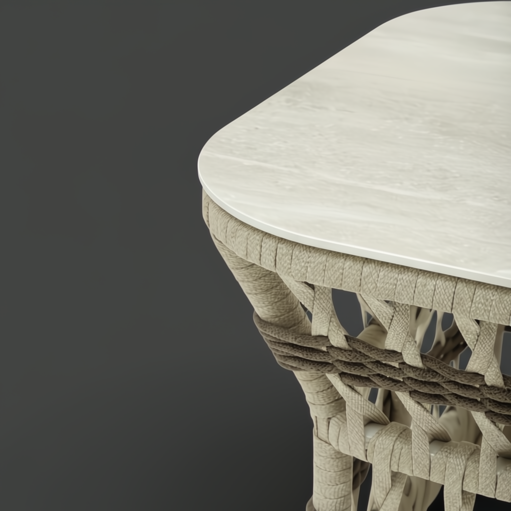 Cream Surya Winder End Table with powder-coated aluminum top and handwoven PE rope detail.