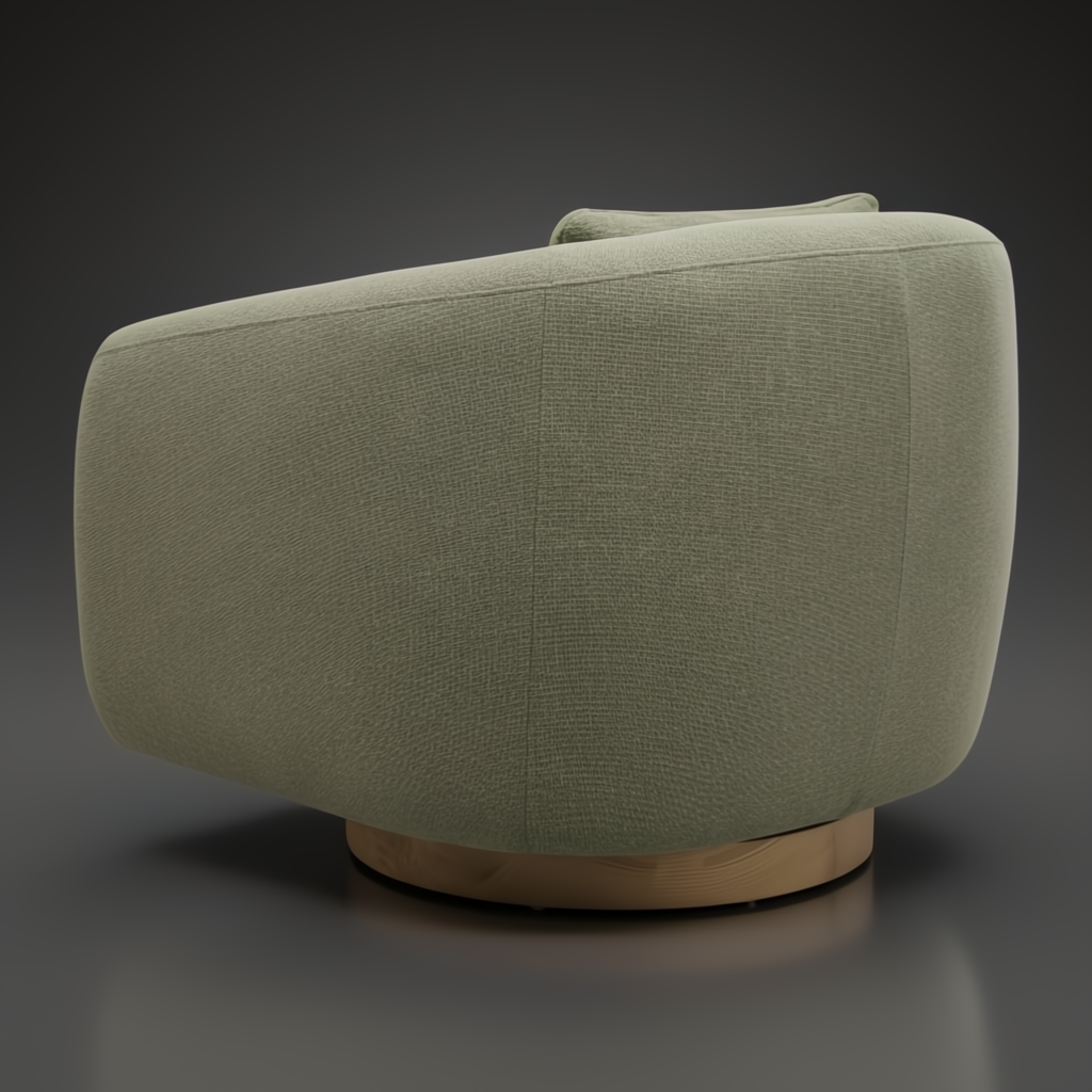 Surya Loma swivel chair in grass green upholstery with a brown stained ash wood base.