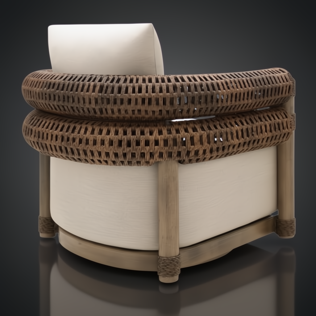 Surya Porta Swivel Chair with cream Sunbrella cushion, brown handwoven PE wicker, and aluminum base.