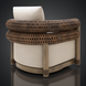 Surya Porta Swivel Chair with cream Sunbrella cushion, brown handwoven PE wicker, and aluminum base.