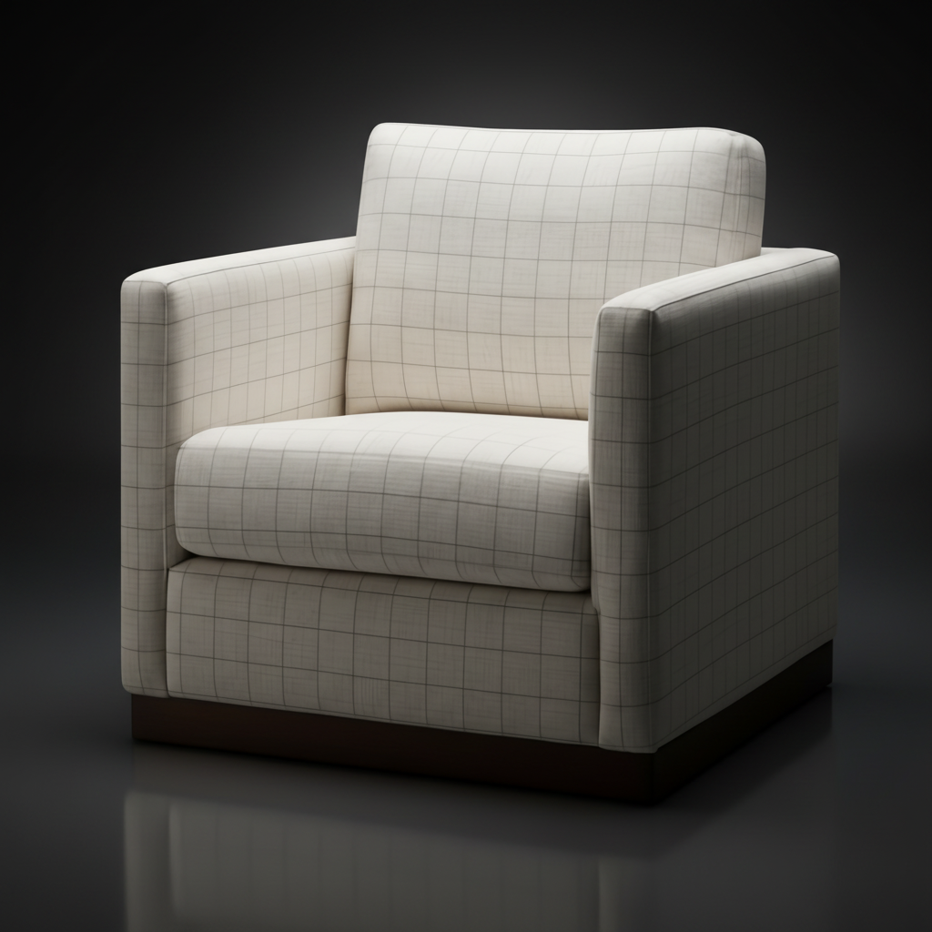 Surya Glendon swivel chair, light beige polyester-linen with subtle grid pattern and brown rubber wood base.