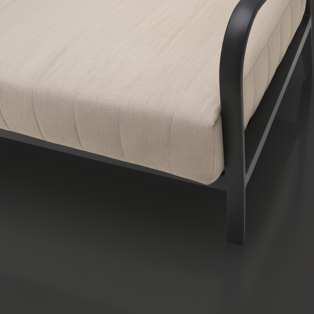 Surya Antibes outdoor sofa with beige Sunbrella upholstery and sleek black aluminum frame.