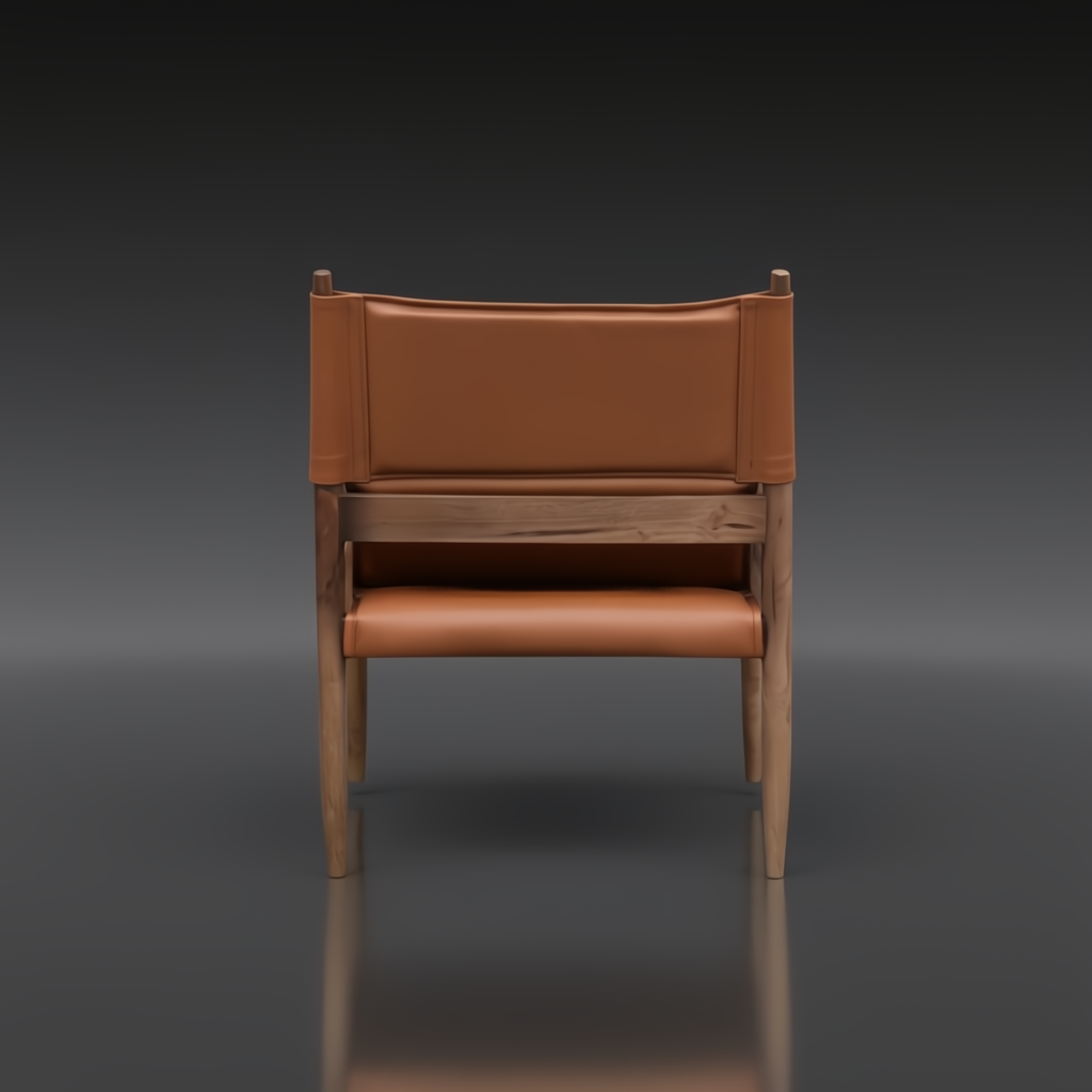Modern Surya Chole accent chair with a brown leather top and mango wood base, viewed from the back.