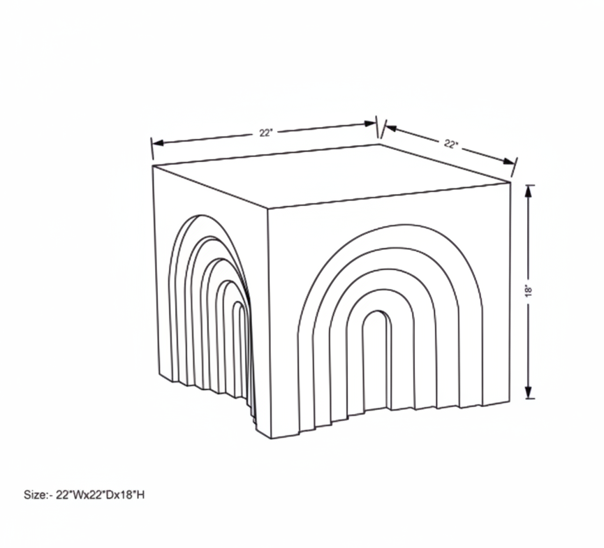 Line drawing of the Surya Arwyn Bunching Table, a 22" square end table with arched side details.