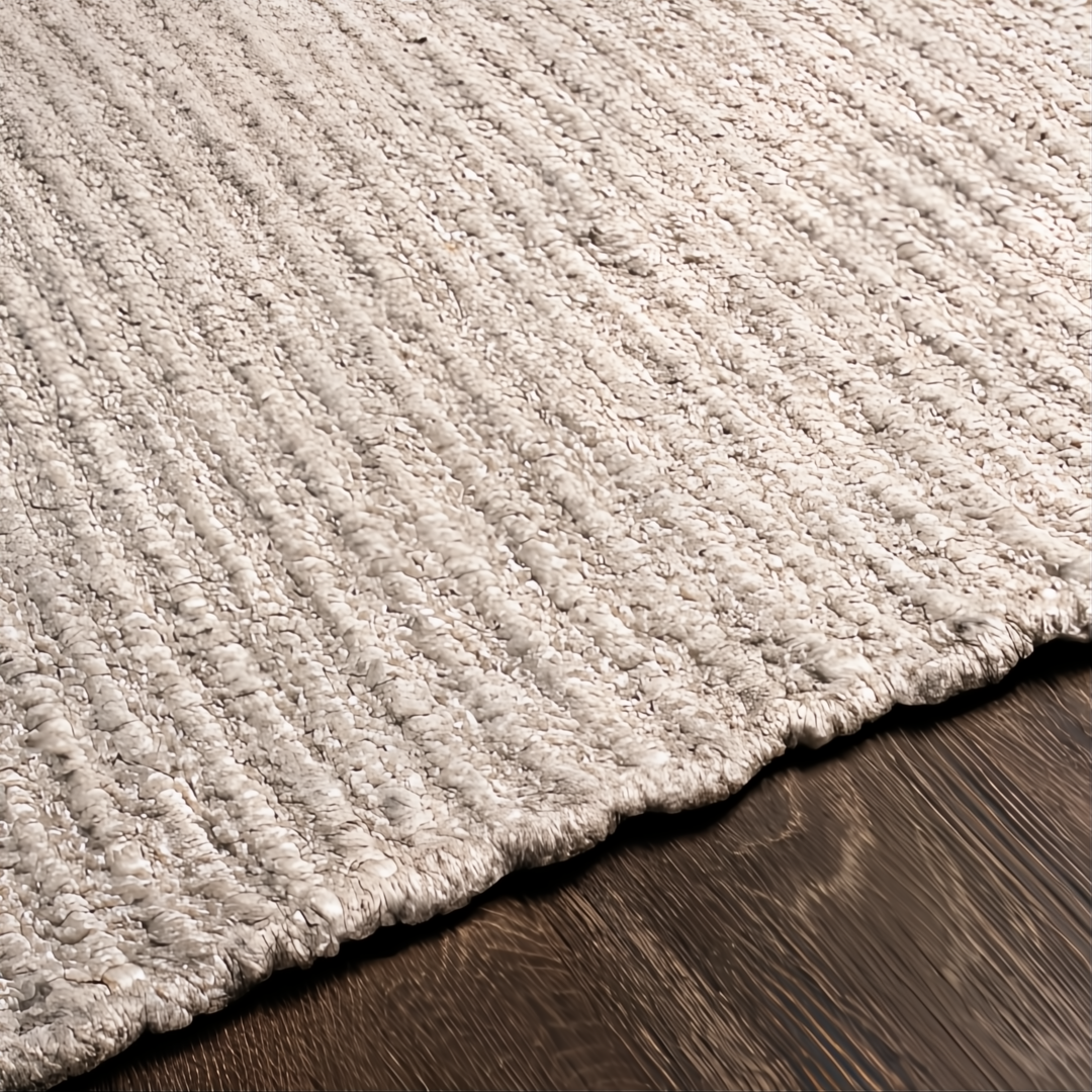 Surya Azalea AZA-2315 hand-woven rug in light beige recycled PET yarn on a dark wood floor.