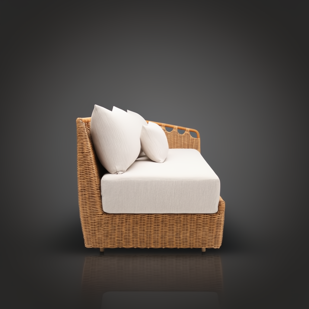 Marvella sectional right arm sofa with light beige cushions and natural woven wicker base.