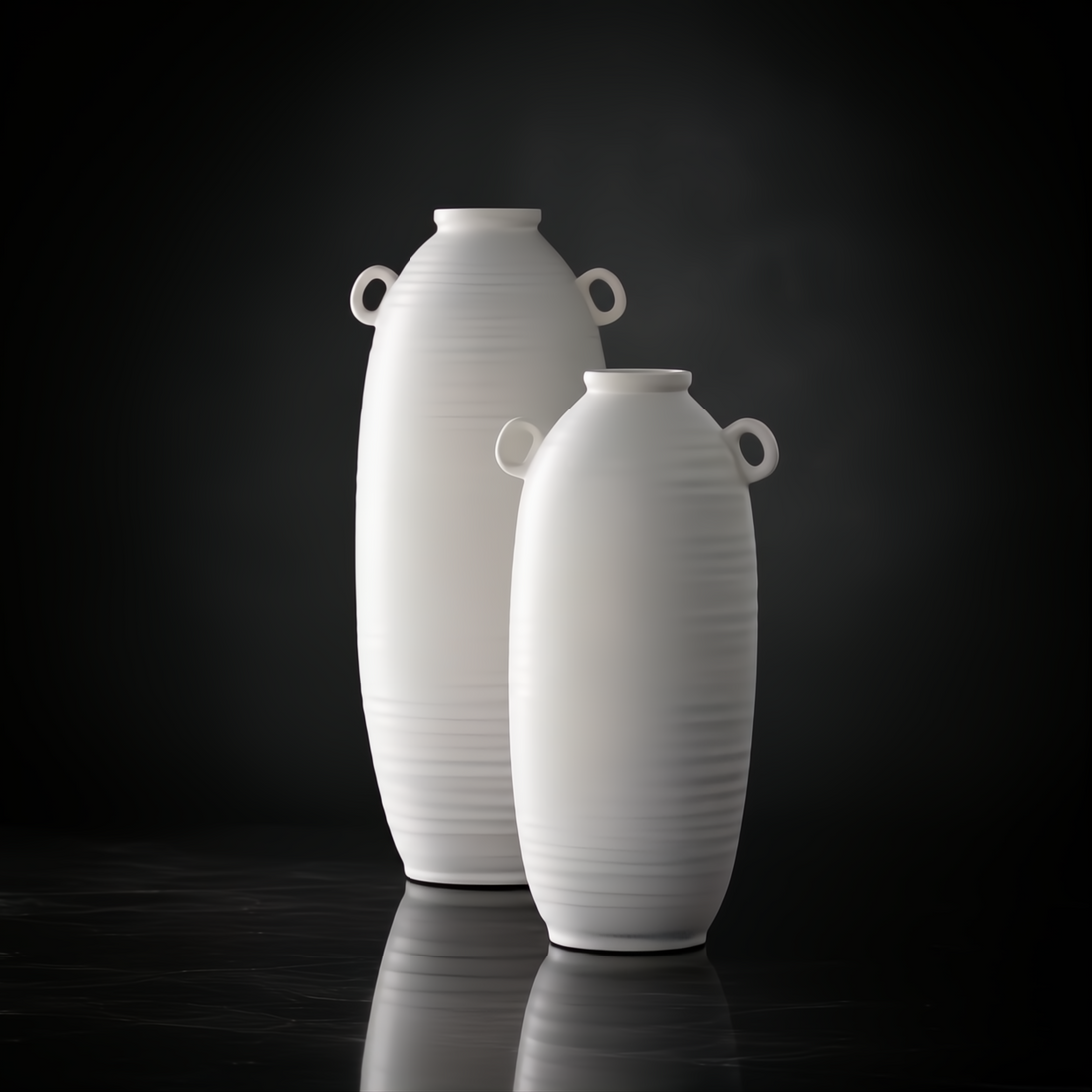 Surya Kushan cream ceramic decorative vase set with textured finish and loop handles.