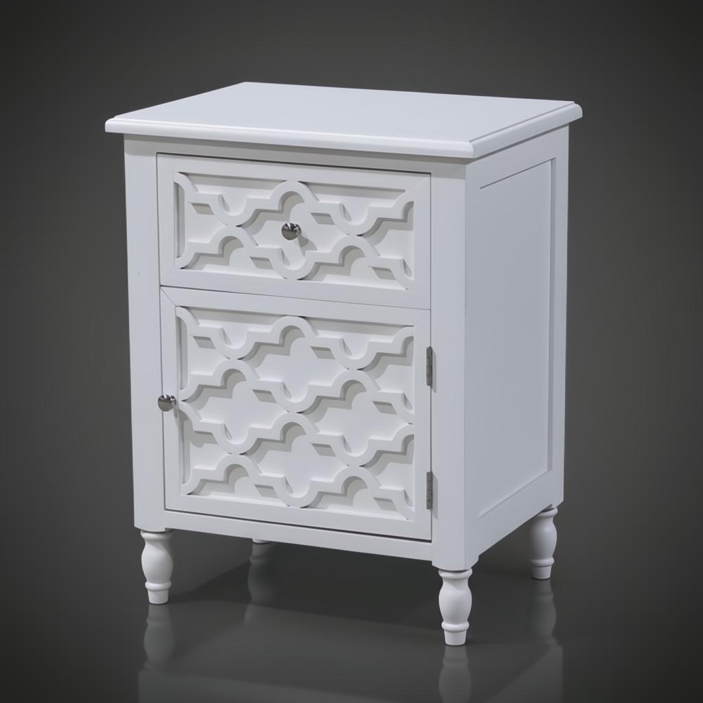 White Daintree Side Table with decorative drawer and cabinet, compact and versatile design.