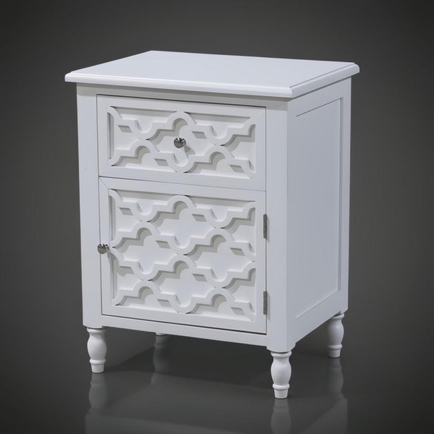 White Daintree Side Table with decorative drawer and cabinet, compact and versatile design.