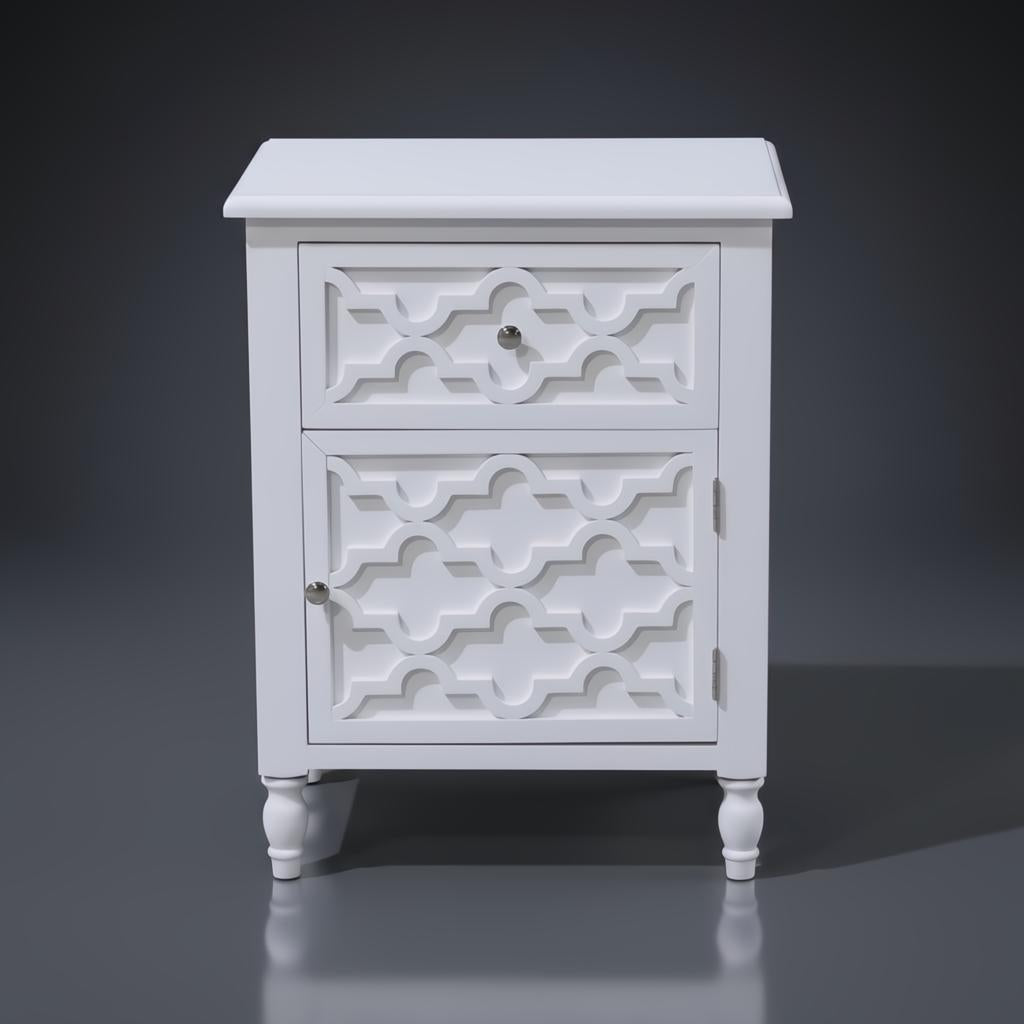 White Daintree Side Table with a decorative geometric drawer and cabinet, perfect for bedside or accent use.