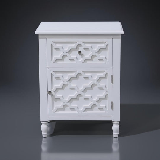 White Daintree Side Table with a decorative geometric drawer and cabinet, perfect for bedside or accent use.
