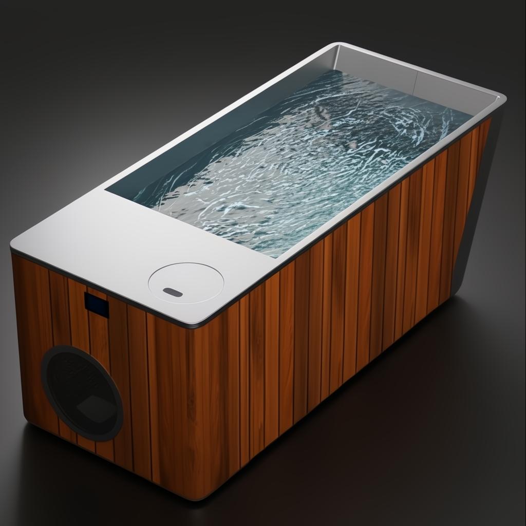 Modern Frost Cold Plunge Tub with wood paneling, silver top, and rippling water.