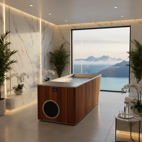 Modern Frost Cold Plunge Tub with light wood paneling, white top, and dark circular vent in a luxurious room.