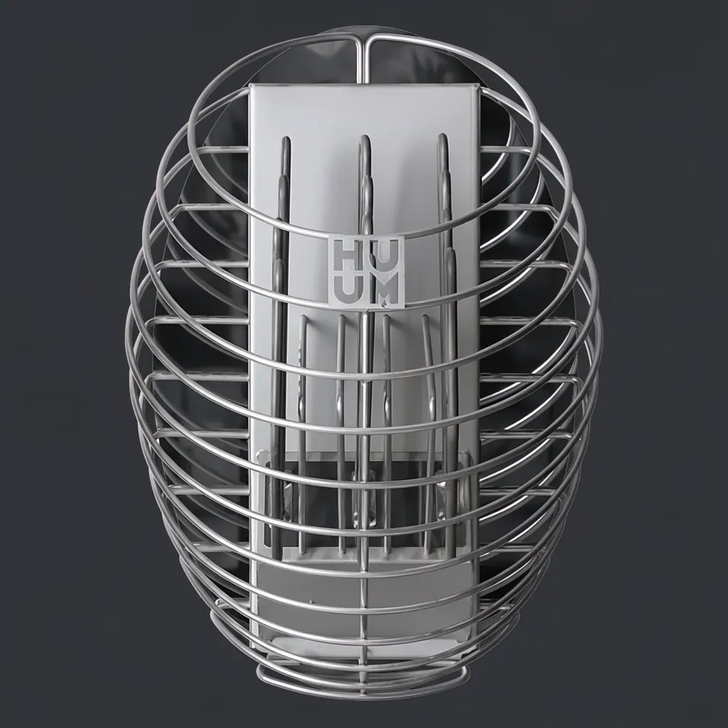 Silver Huum Drop 9KW sauna heater add-on with a sleek, oval-shaped stainless steel wire design.