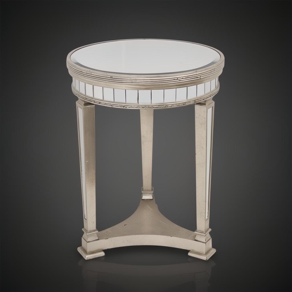 Antiqued mirrored pedestal side table with a round top, ribbed detailing, and three tapered legs.