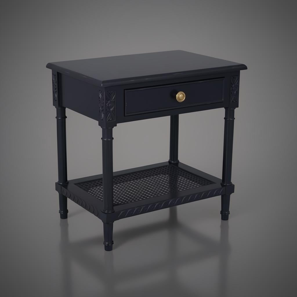 Black Polo Side Table with a single drawer, gold knob, open shelf, and carved details.