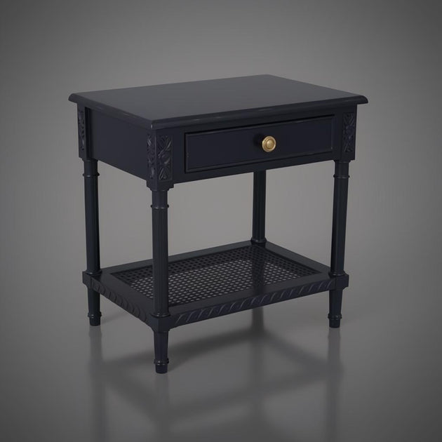 Black Polo Side Table with a single drawer, gold knob, open shelf, and carved details.