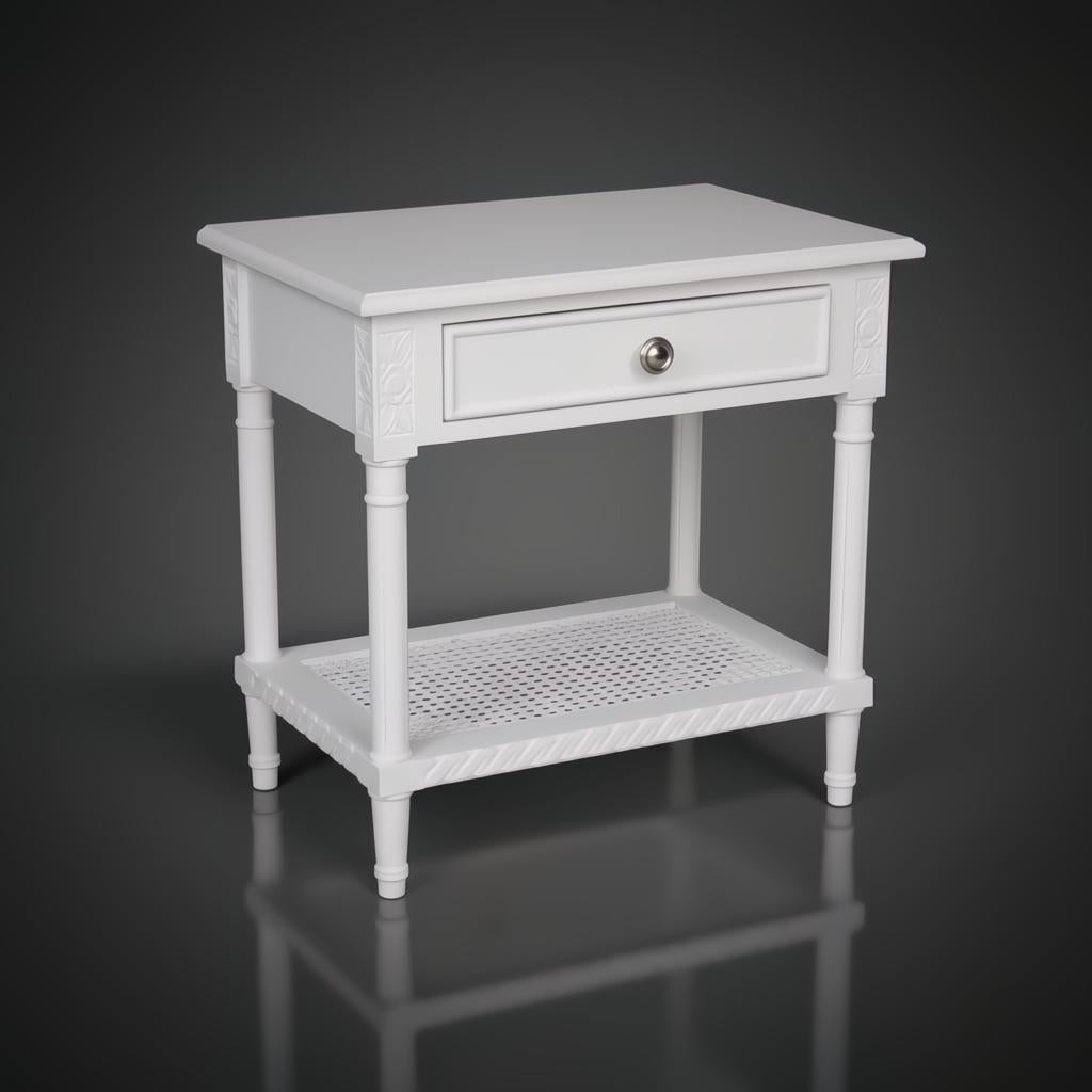 White Polo Side Table with single drawer, silver knob, and woven rattan lower shelf.