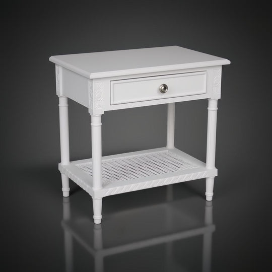 White Polo Side Table with single drawer, silver knob, and woven rattan lower shelf.