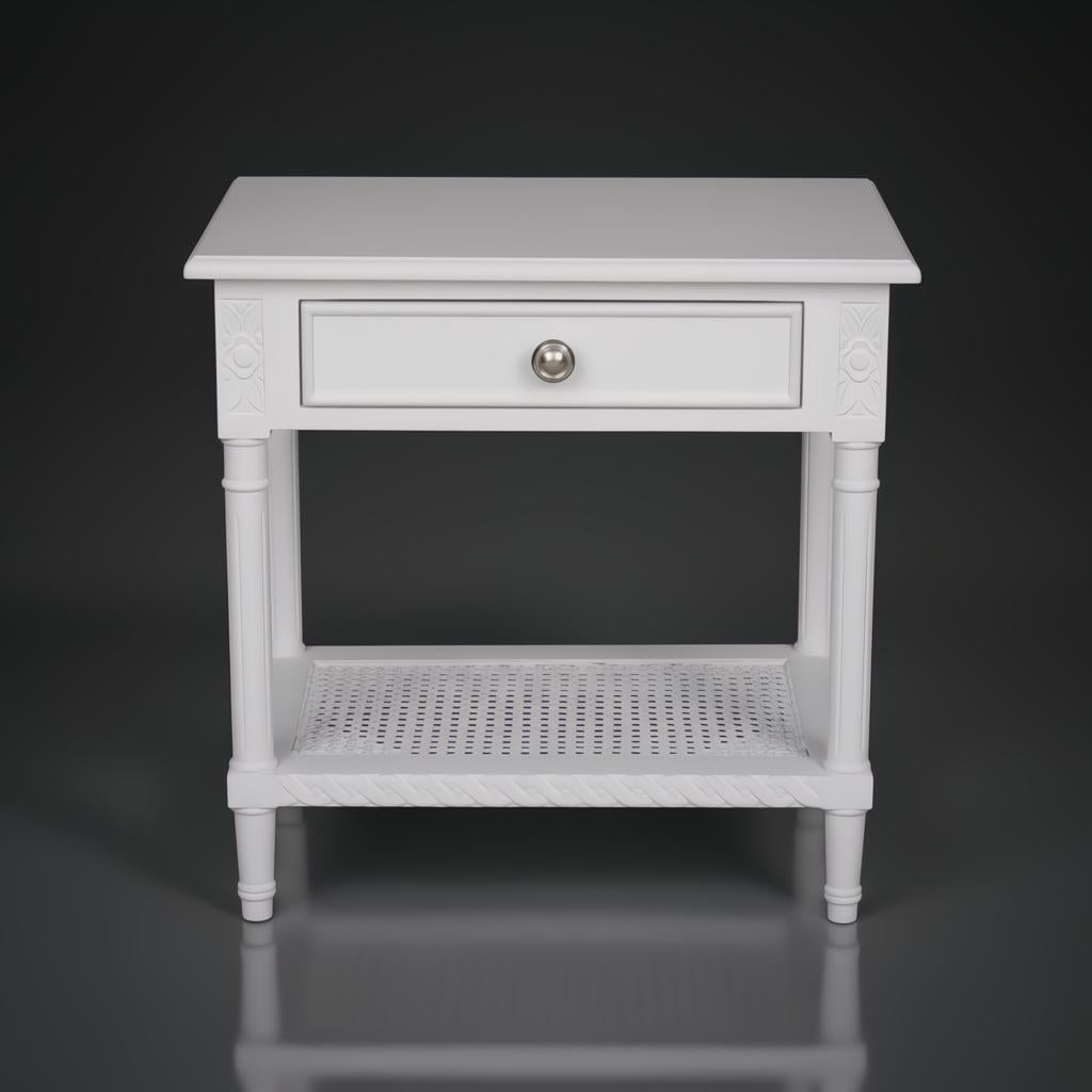 White Polo Side Table with single drawer, silver knob, and woven rattan lower shelf.