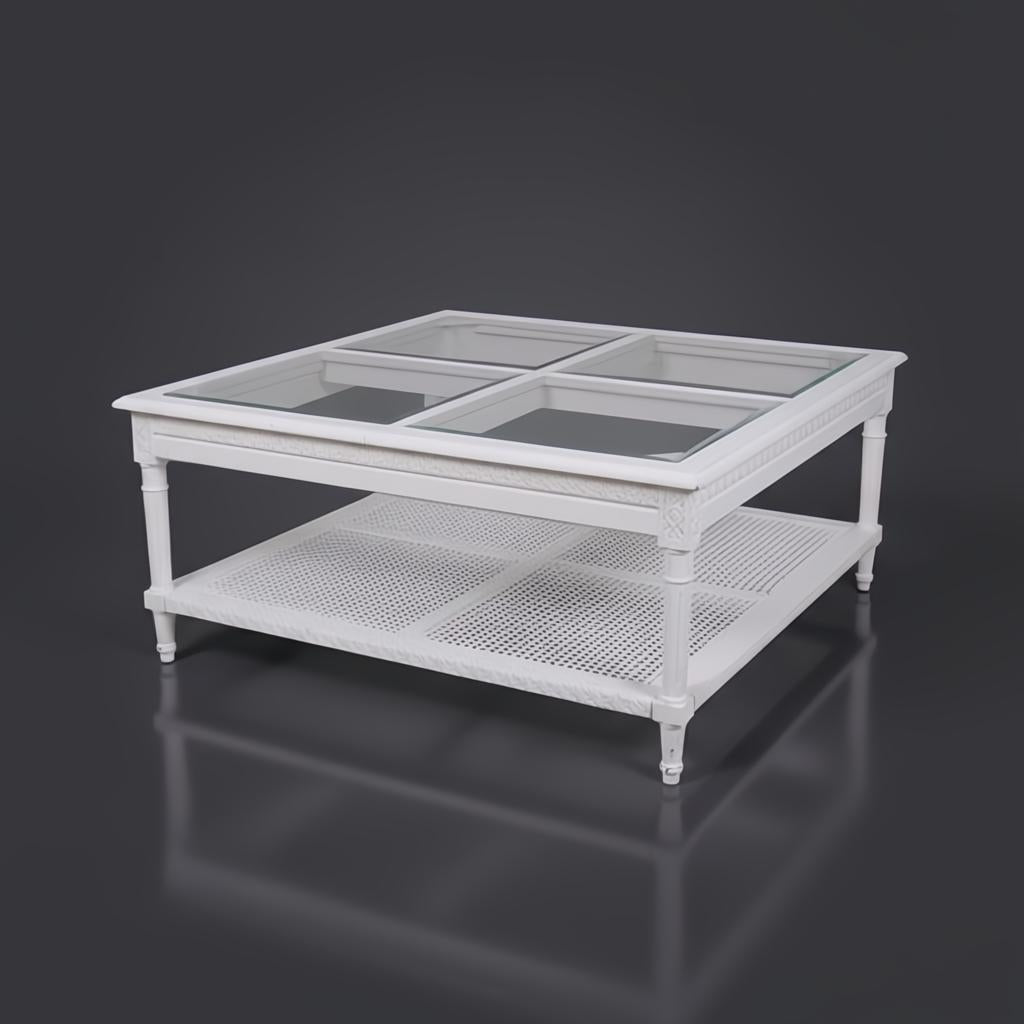 White Polo Square Coffee Table with glass top and open cane shelf, coastal elegance style.