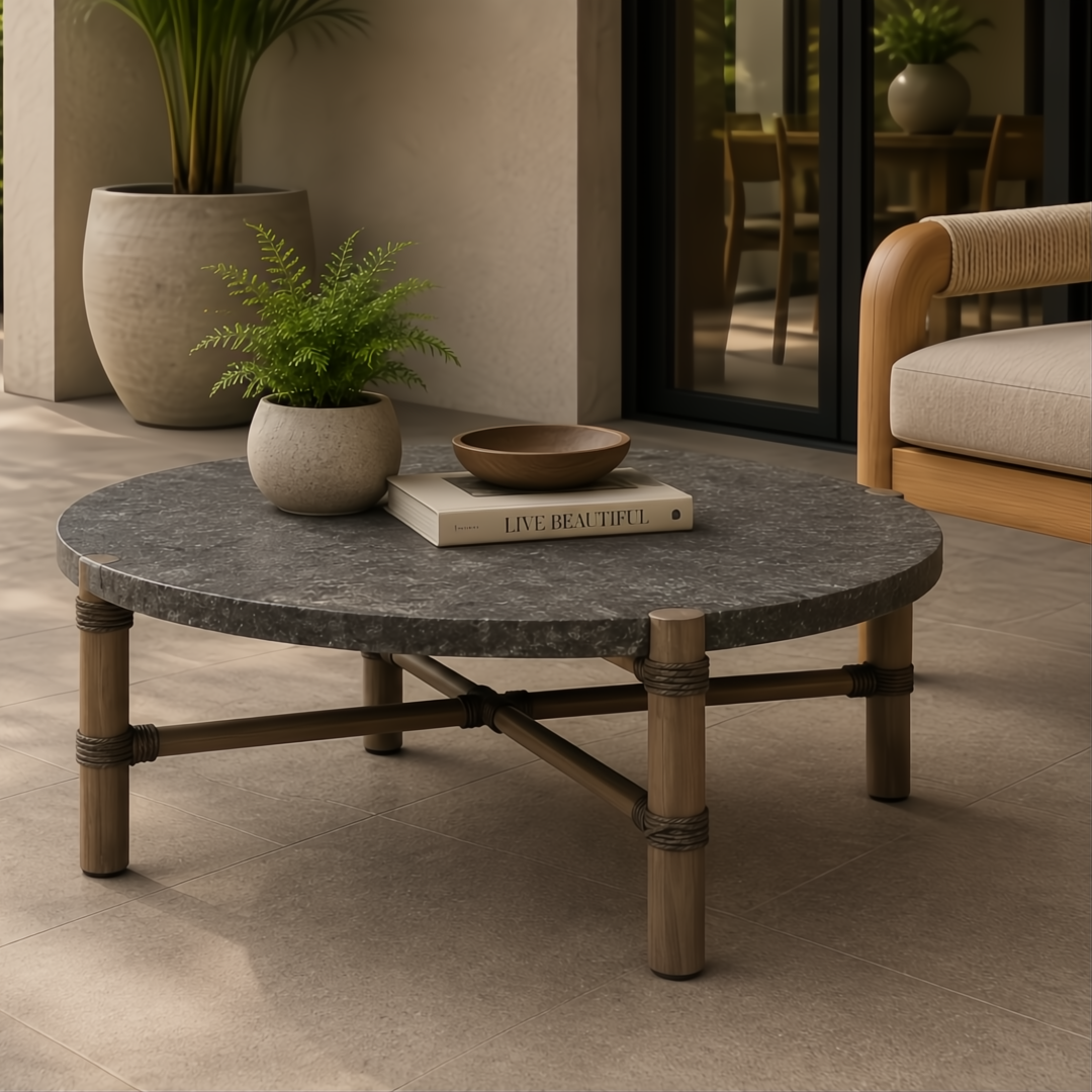 Surya Porta outdoor coffee table with charcoal matte stone top, brown aluminum base, and PE rope detail.
