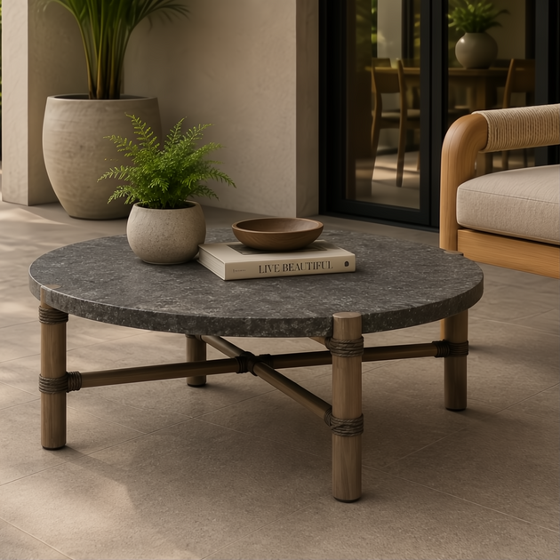 Surya Porta outdoor coffee table with charcoal matte stone top, brown aluminum base, and PE rope detail.