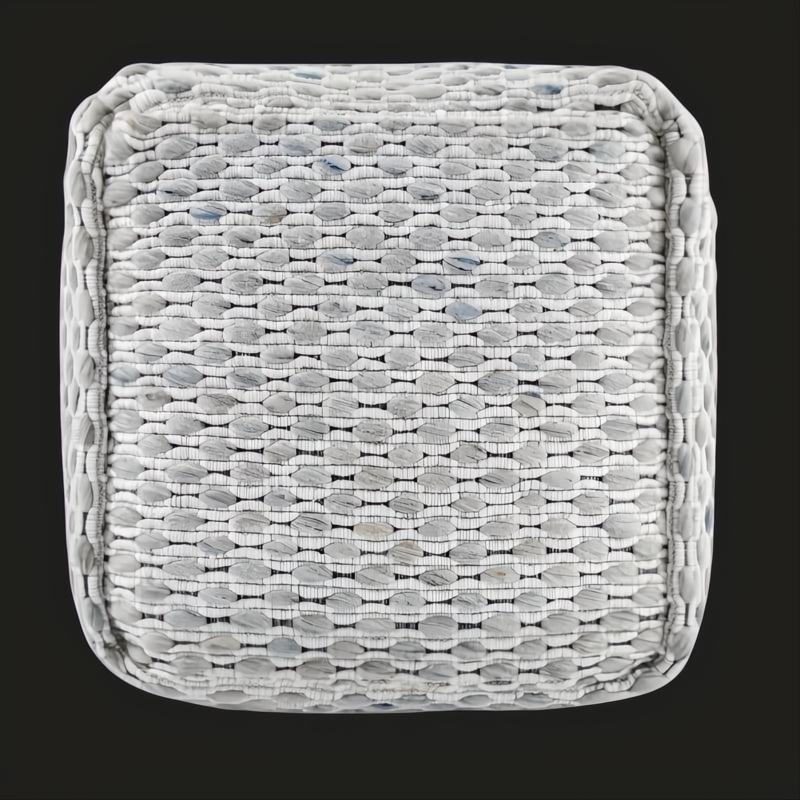 Surya Lanier NIPF-001 cube pouf with woven light gray and blue wool top, stitched detailing, and self-binding edge.
