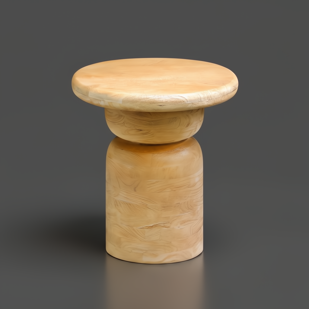 Beige mango wood Surya Koben End Table with a brushed finish, featuring a round top and cylindrical base.