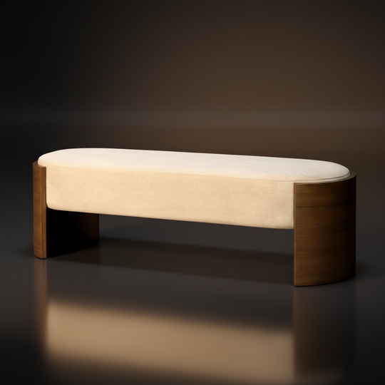 Daphnie DAPH-001 versatile bench with a cream polyester top and curved brown rubber wood base.