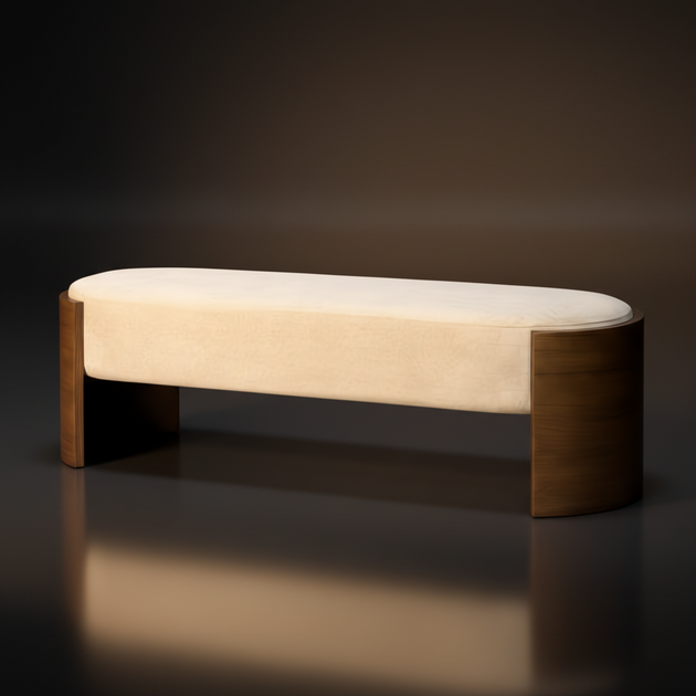Daphnie DAPH-001 versatile bench with a cream polyester top and curved brown rubber wood base.