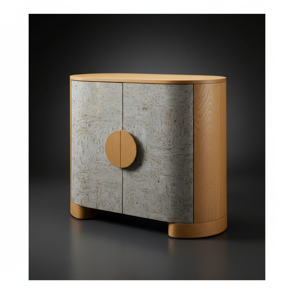 Surya Poros Cabinet with silver gray lacquered cork veneer doors, brown natural oak frame, and round wood handles.