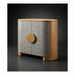 Surya Poros Cabinet with silver gray lacquered cork veneer doors, brown natural oak frame, and round wood handles.