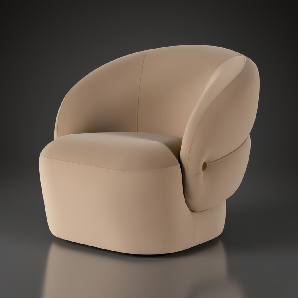 Surya Katarina accent chair with beige polyester upholstery, curved back, and natural rubber wood base.